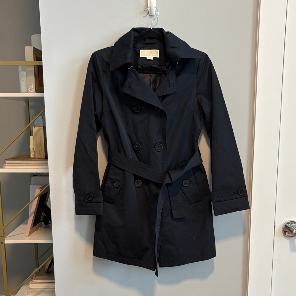 Michael Kors Black Double-Breasted Trench Coat with removable hood